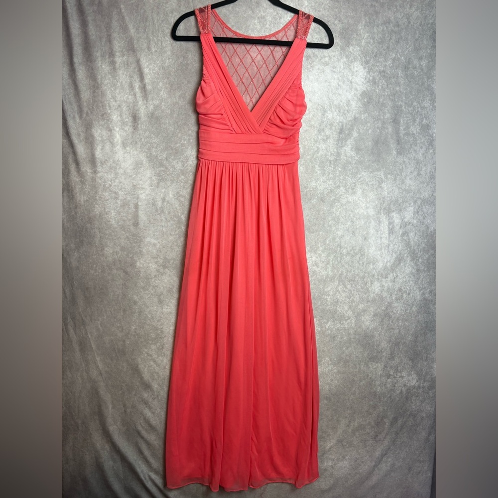 Way-In Clothing Co Y2K Salmon Mesh Beaded Back Plunge Neck Prom Evening Gown